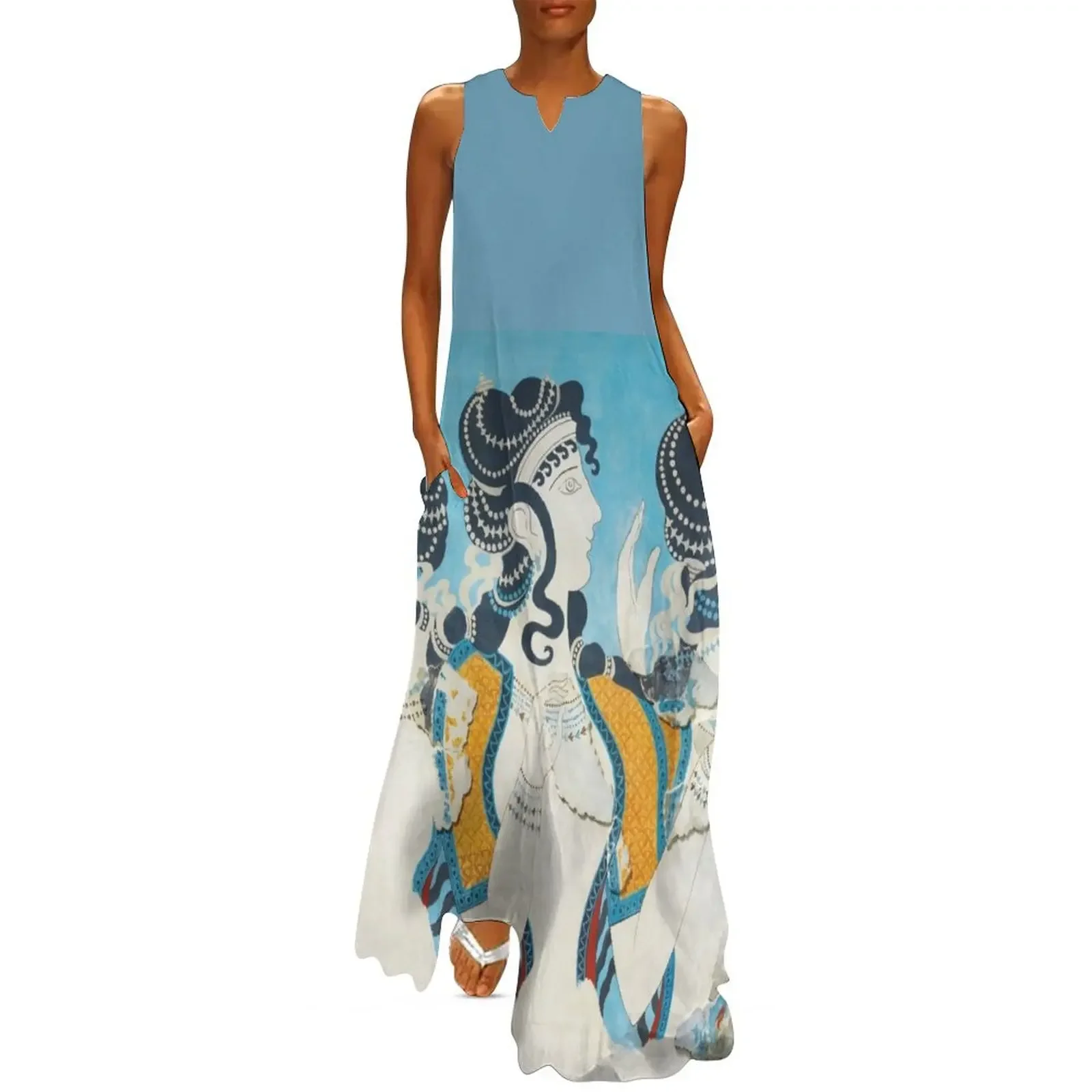 

Minoan Fresco Ladies in Blue Knossos Long Dress women's summer clothing 2025 women dress dress party night