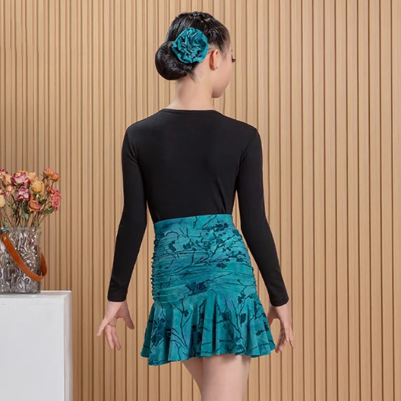 

Latin Dance Clothes for Kids Girls Children Long Sleeve Bodysuit and Print Pleated Skirt Practice Dancewear Competition Costumes