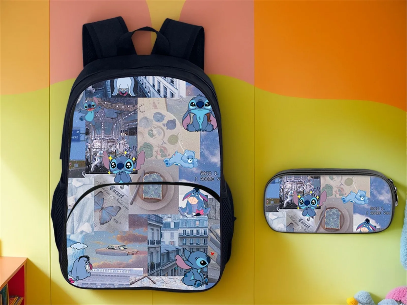 

2 in 1 Disney School Backpack Set,Elementary Kid Stitch Lightweight Bookbag with Front Pocket+Pencil Box