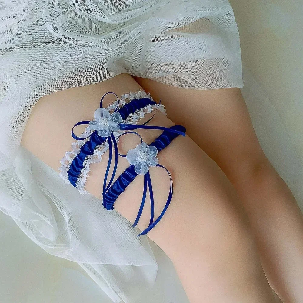 2pcs/Set Satin Ribbon Wedding Bridal Garter Belt  Elastic Bowknot Prom Garters for Bride Pearls Thigh Garters