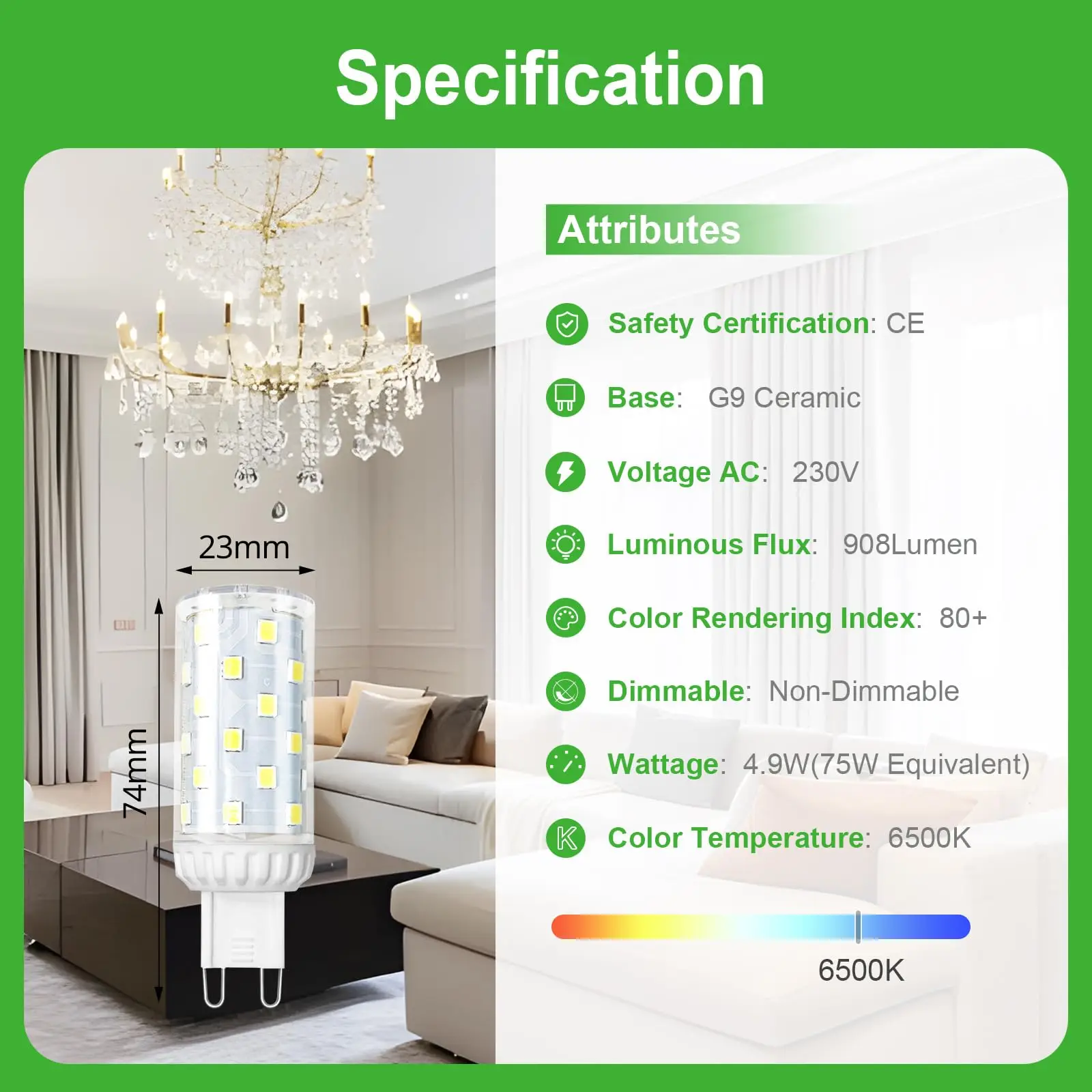GY G9 LED Light Bulb 4.9W 908 Lumens, 60W Halogen Replacement, 120° Wide Beam, Non-dimmable, Class B