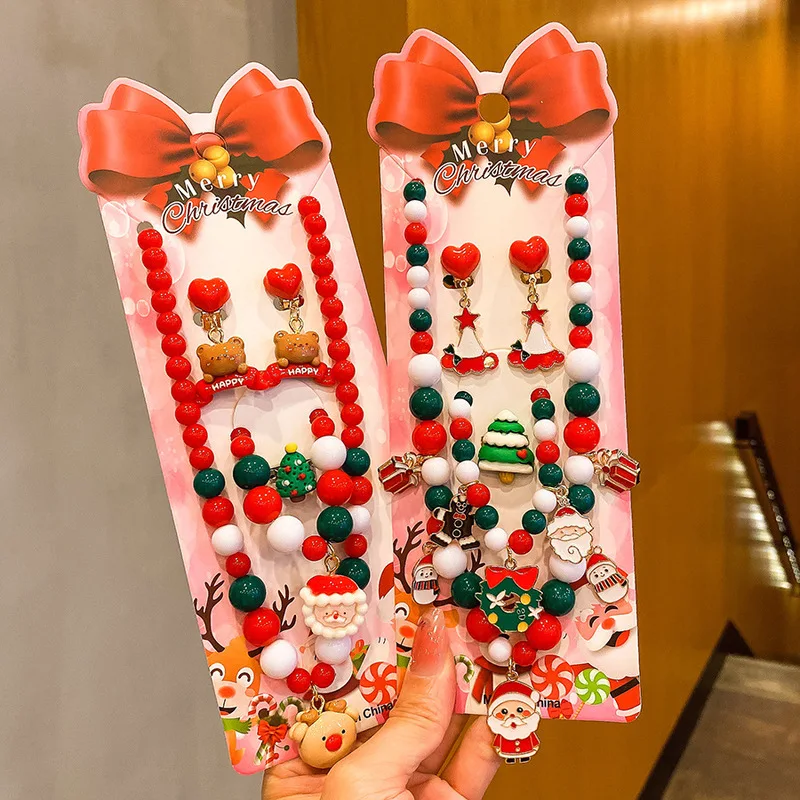 Resin Christmas Santa Snowman Tree Gift Candy Heart Bow Bead Necklace Set Colorful Cute Festive Jewelry Kids Girls