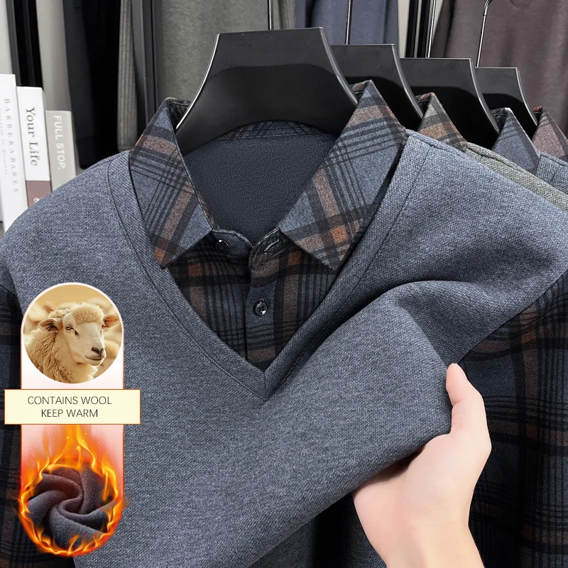 

Мужская флисовая рубашка-поло TFETTERS 2025: элегантная зимняя футболка, толстая, в клетку, имитация двухслойной, с длинным рукавом, класса люкс