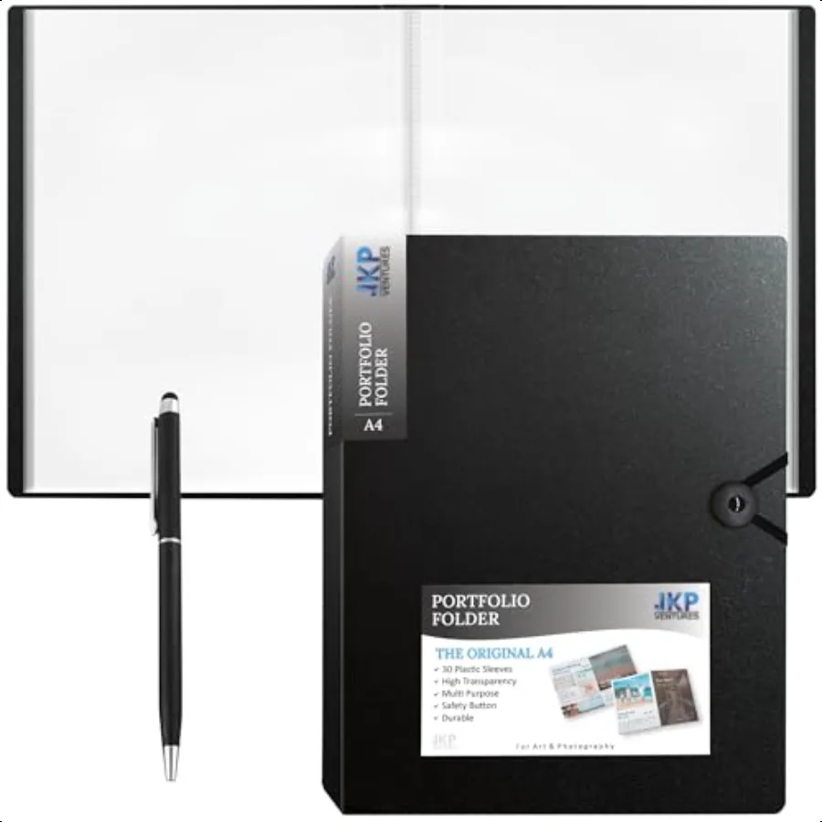 Protective Case Style Portfolio Art Portfolio with a Button Closure comes with 30 Transparent Sleeves and touch screen pen Port