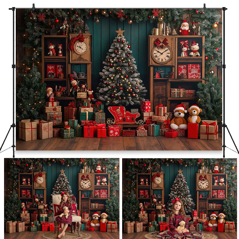 

Santa Claus Workshop Background Photography Christmas Tree Gift Stand Room Backdrop Decor Winter Kids Cake Smash Photo Studio