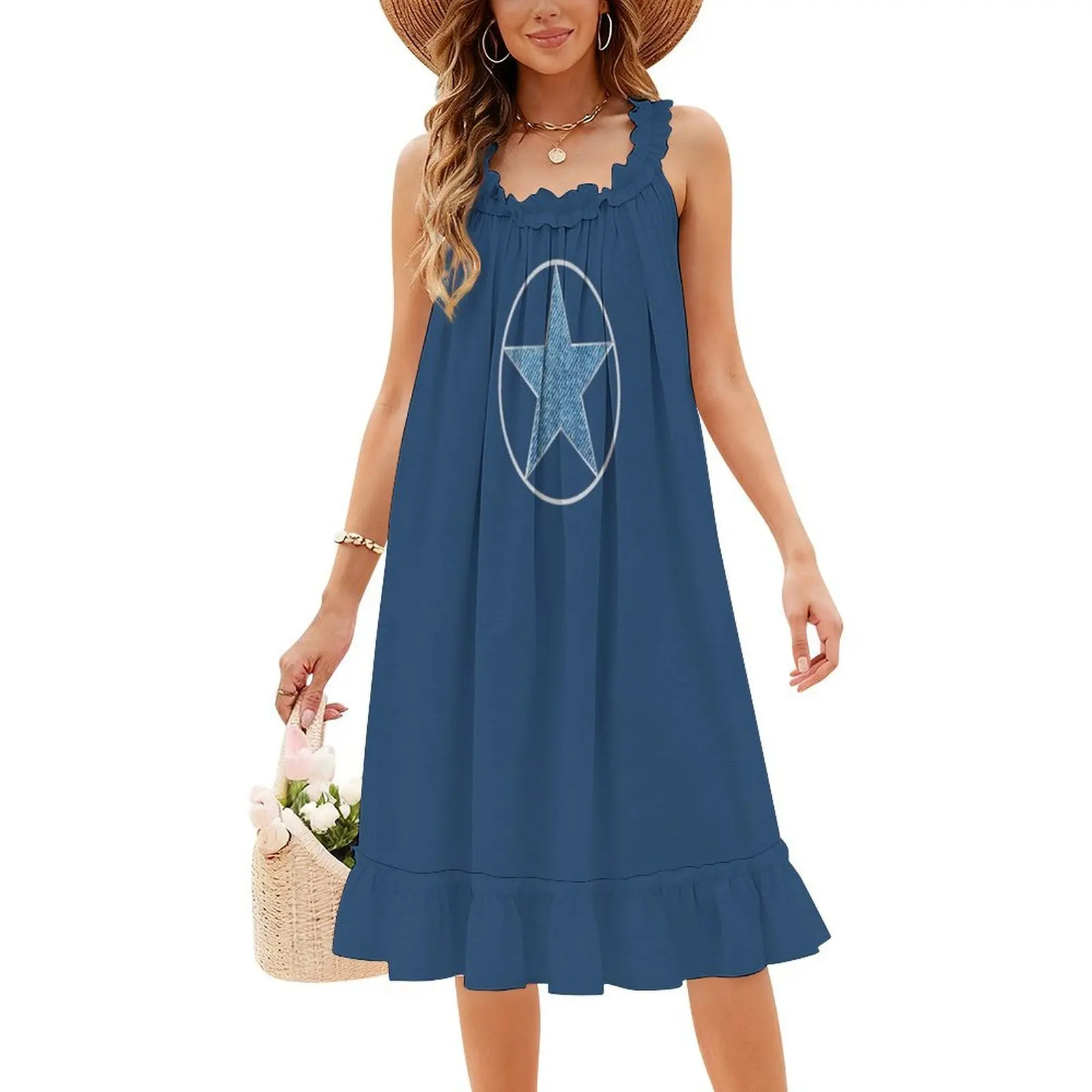 فستان جينز أزرق مع نجمة فضية على طراز بريبي فستان قصير للنساء على شكل حرف a فضفاض مناسب فستان يوم غير رسمي ليزا ستار فضي رائع #4