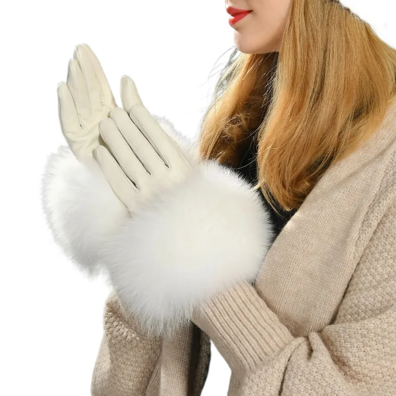 

Winter women's warm genuine sheepskin gloves luxury fur trimmed full finger fashion leather gloves