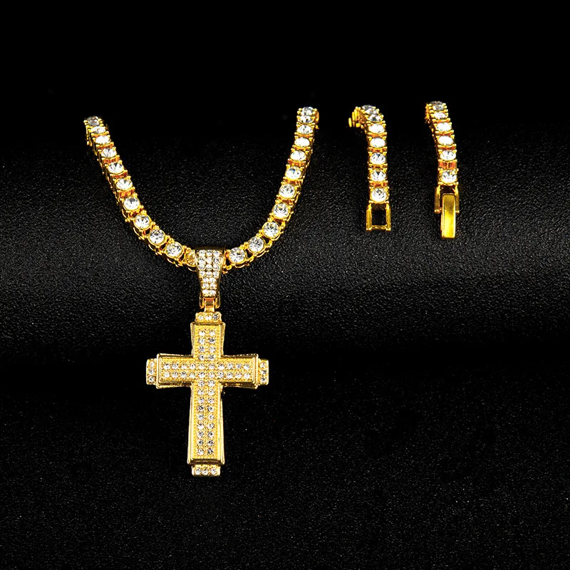 

4mm AAA rhinestone zinc alloy pvd plated 2 pcs set Cross pendants tennis necklace hip hop iced out cuban link chain