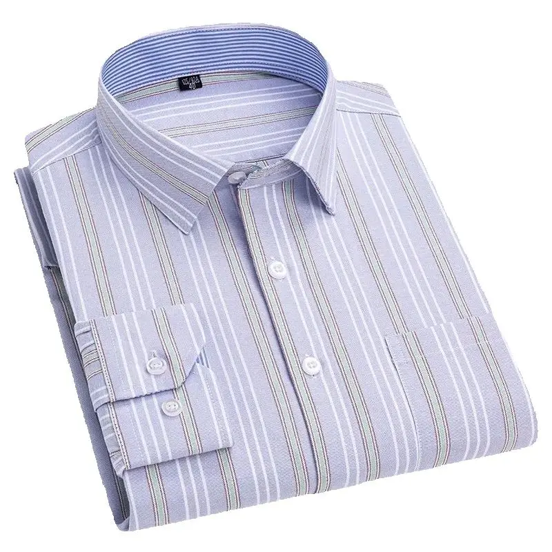 

7XL Plaid Shirt Striped Man Shirts Long Sleeve Cotton Oxford Work Shirt Single Pocket Casual Longsleeve Shirt for Men Slim Fit