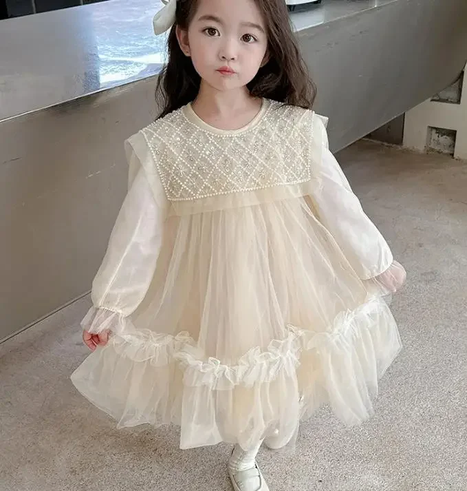 Girls\' Princess Dress 2023 Spring Summer Children\'s Wear Korean  Pearl Neck Princess Dress Fashion Yarn Dress