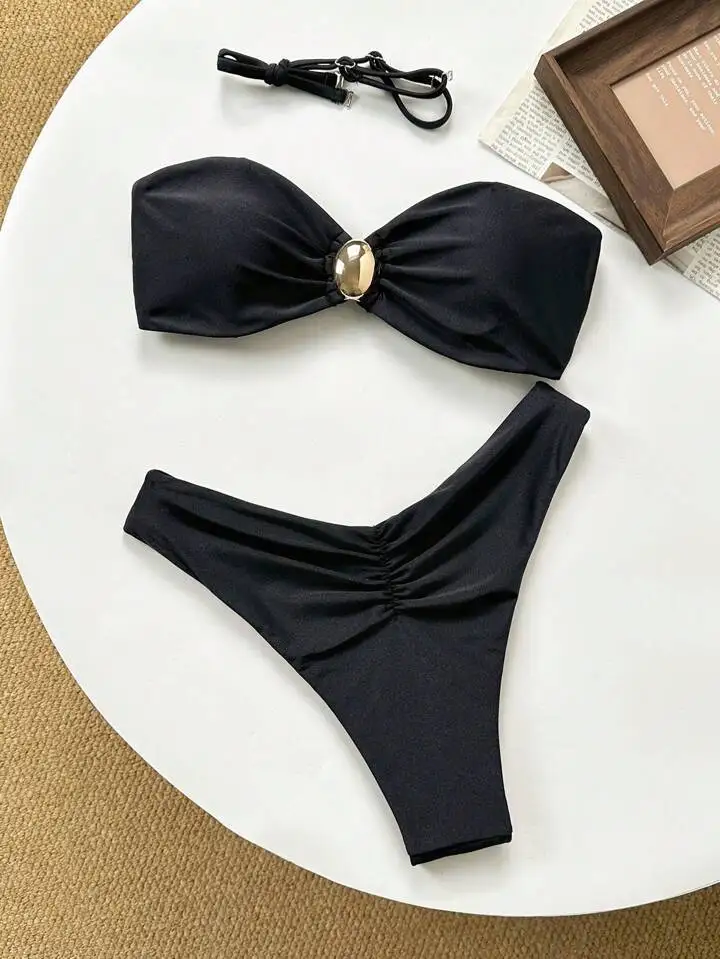 Bikini 2025 Woman High-waist Mini Bikini Separate Push Up Beach Two-piece Swimsuit Solid Color Slant Shoulder Vacation Swimsuit
