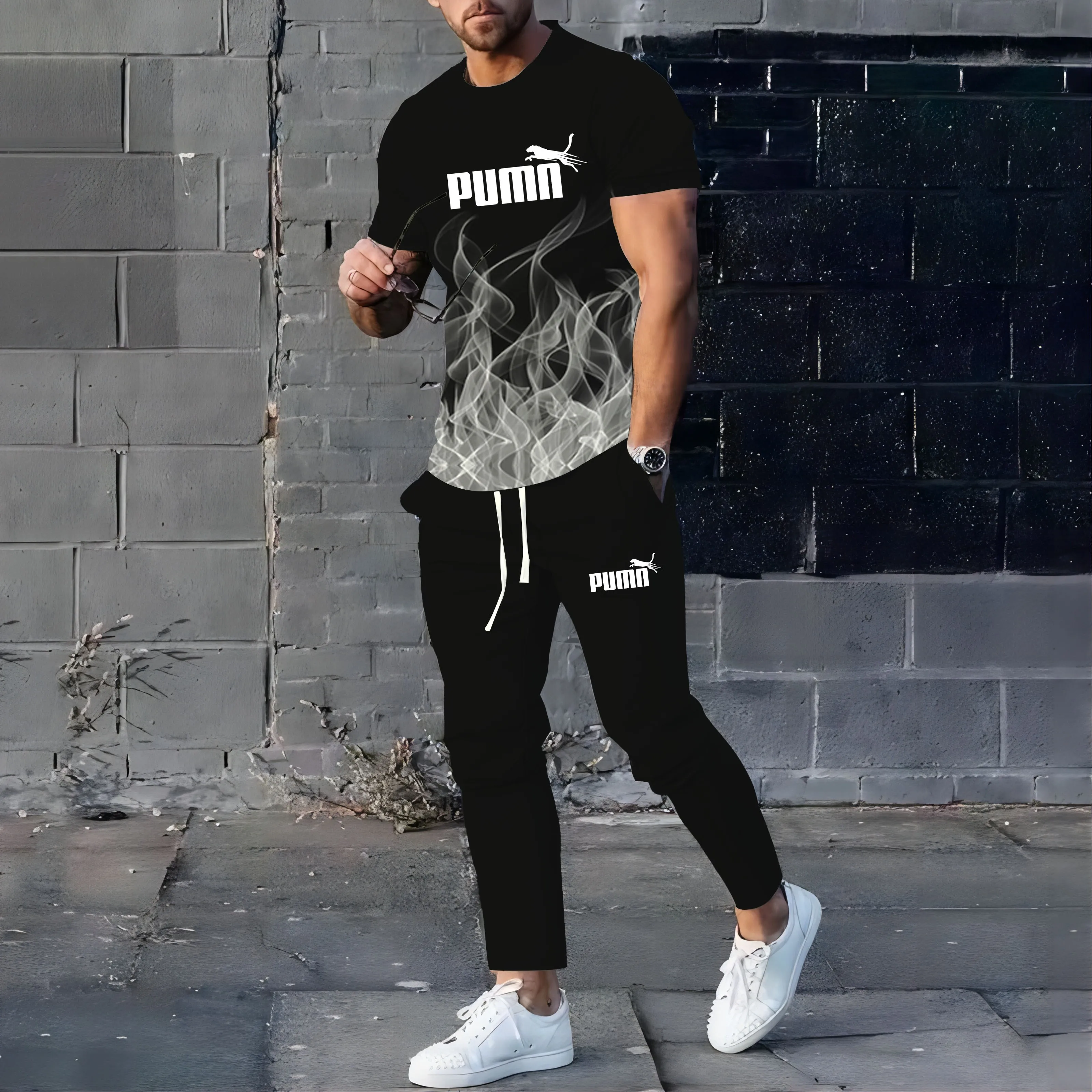 2024 New Men\'s Sportswear Jogging Wear 3D Printed Summer Trend Fashion Retro Casual Short Sleeve T-Shirt + Pants 2-piece Set