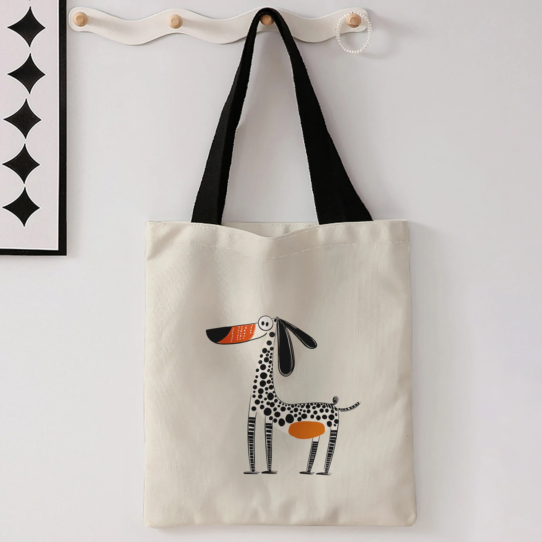 Bolso de mano con estampado de perrito teckel y lunares abstractos, bolso de hombro de gran capacidad para compras, viajes, uso diario
