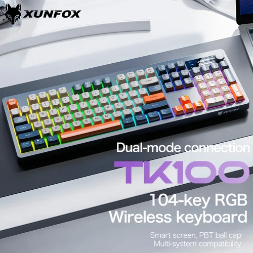 Xunfox TK100 Bluetooth teclado inalámbrico de modo dual escritorio portátil Oficina E-Sports gaming RGB efecto de luz carga robot sensación
