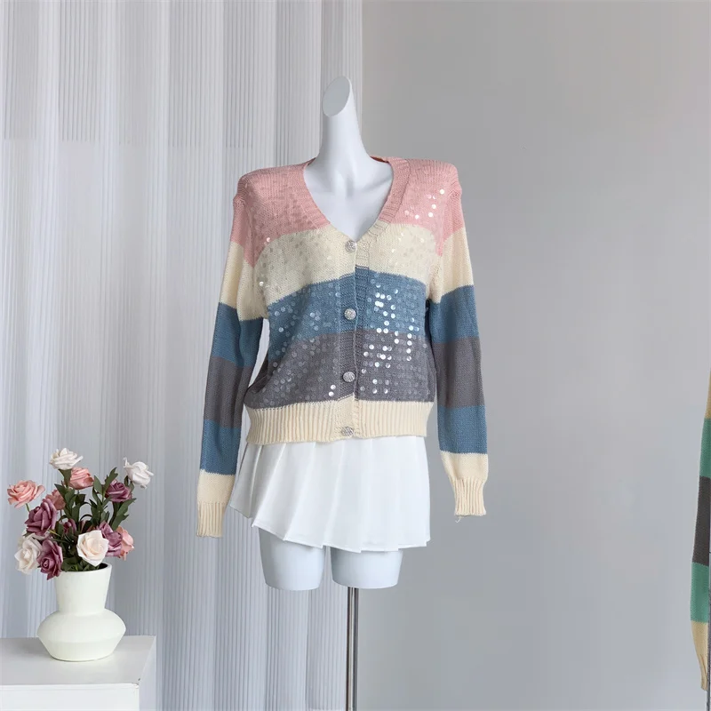 [ZOCI] Color Heavy Industry Sequin Knitted Cardigan V-neck Top Autumn Style, Western Style Loose