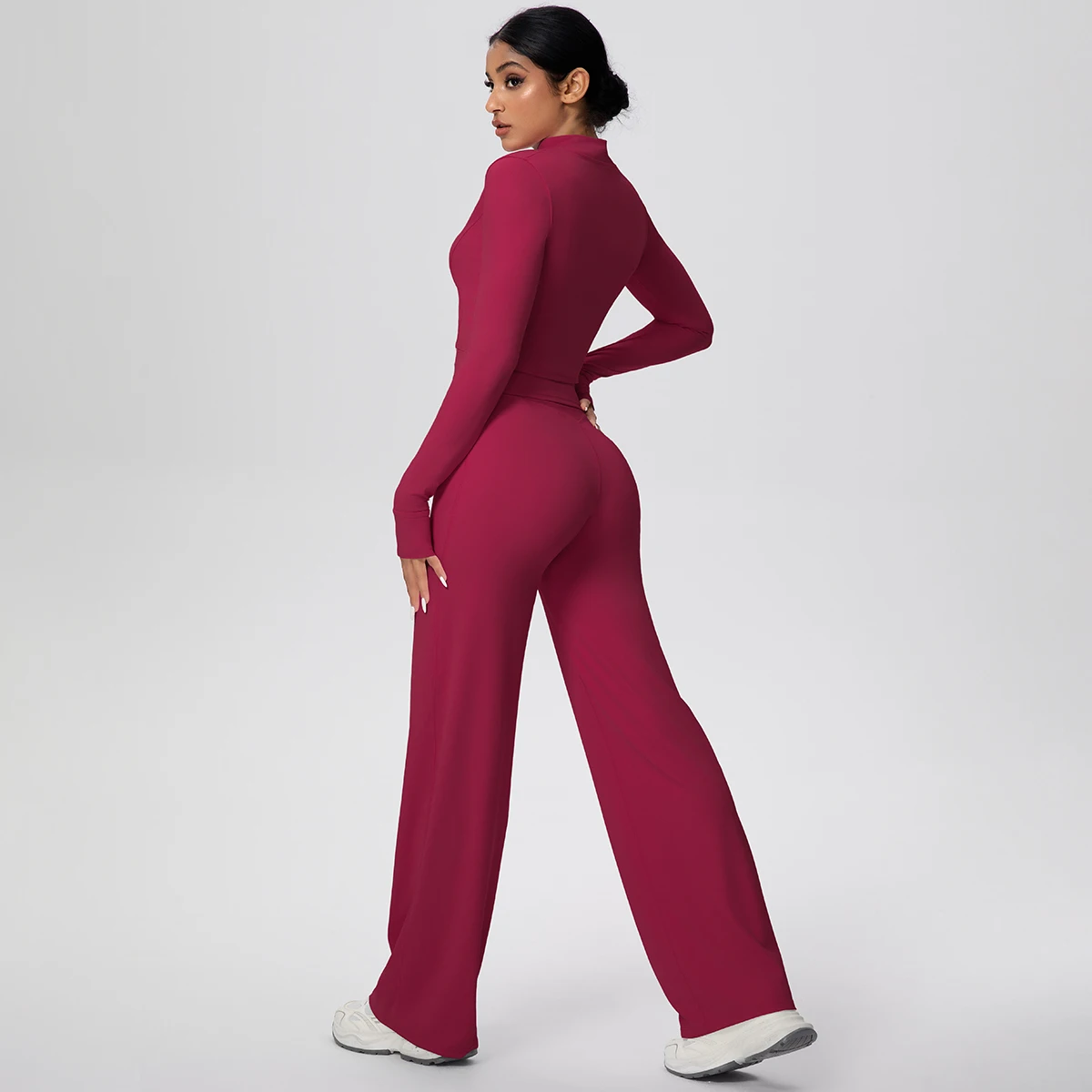 طقم يوجا رياضي للياقة البدنية سريع الجفاف للنساء، حمالة صدر بحزام عاري اللون مع وسادة صدر وسحاب وأكمام طويلة #6