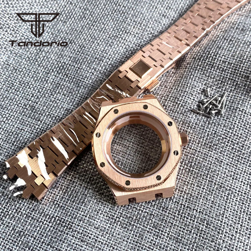 

Black/Rose Gold Stainless Steel 42mm Brushed Watch Case Bracelet Octagon Design Sapphire Glass Fit NH35 NH36 Movement Glass Back