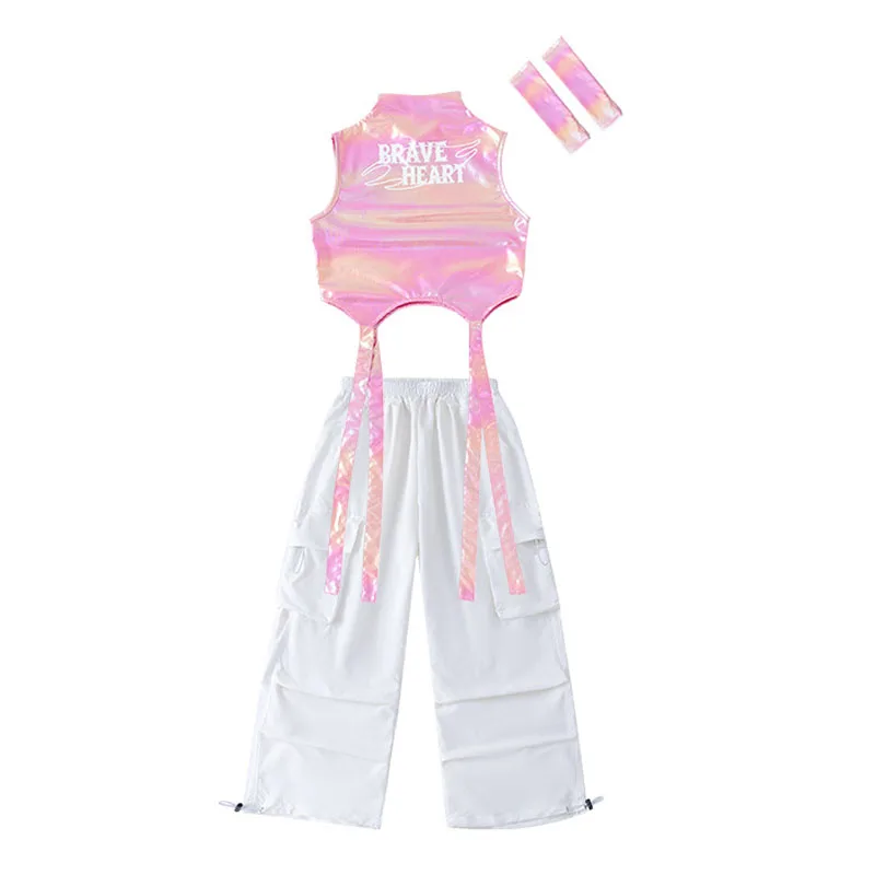 Kid Hip Hop Kleidung Laser Rosa Mock Neck Strap Crop Tank Top Weiß Straße Fallschirm Cargo Hosen für Mädchen Tanz Kostüm Kleidung