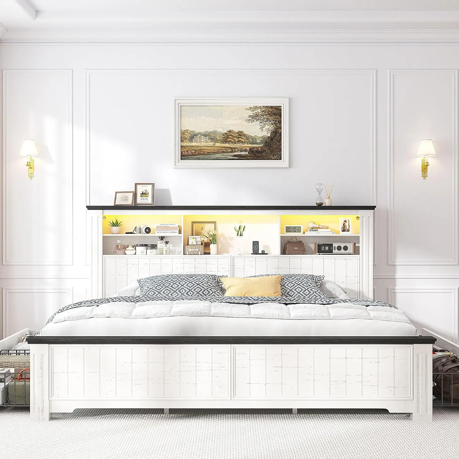 King Bed Frame with Storage Headboard 4 Drawers LED Charging Station Farmhouse Noise-Free No Box Spring White, Custom view 4