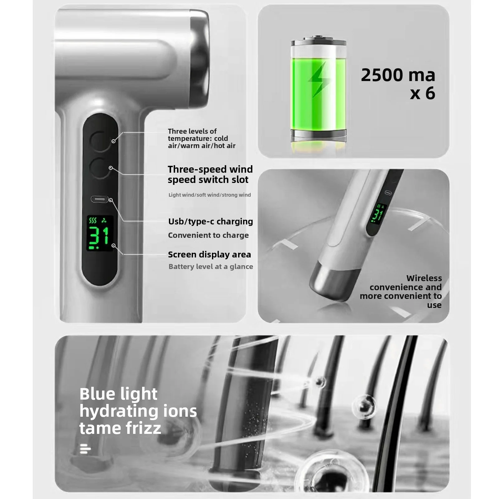 Rechargeable Hair Dryer Cordless Hair Dryer 15600mAh Rechargeable Cold Hot Wind 200W Portable Blow Dryer for Travel Camping Grey