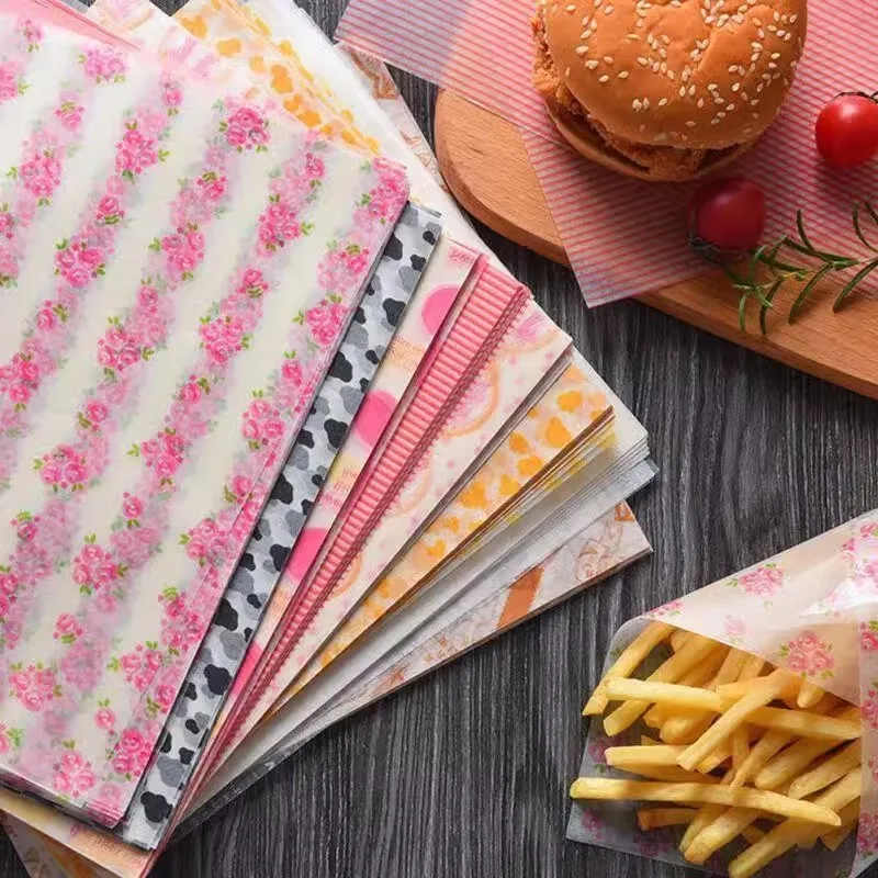 50PCS-food wrapping paper Food Grade Grease  waxed paper snack pad paper  anti-oil baking Tool Burger Fries Baking Wax Pad Paper