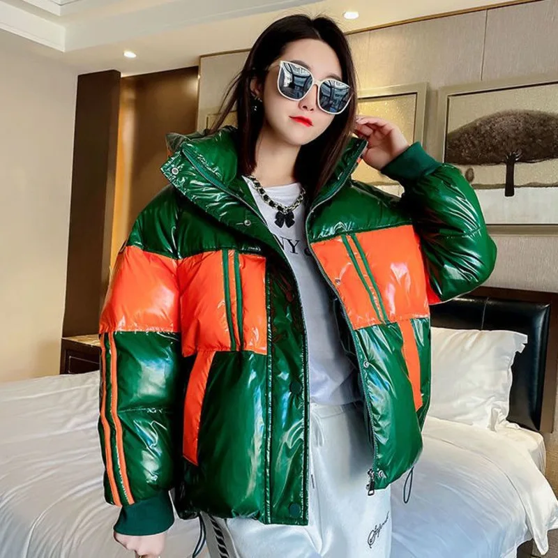 Fashion Hooded Glossy Stitching Jacket Women Winter Warm Short Cotton-padded Parkas Loose Hooded Bread Female Cotton Jacket