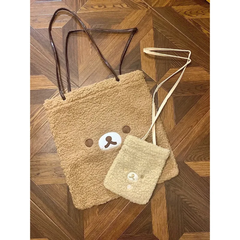 Cartoon Cute Rilakkumaed Bear Plush Shoulder Bag Fashion Versatile High Capacity Crossbody Bag Soft Tote Bag Girls Book Handbag