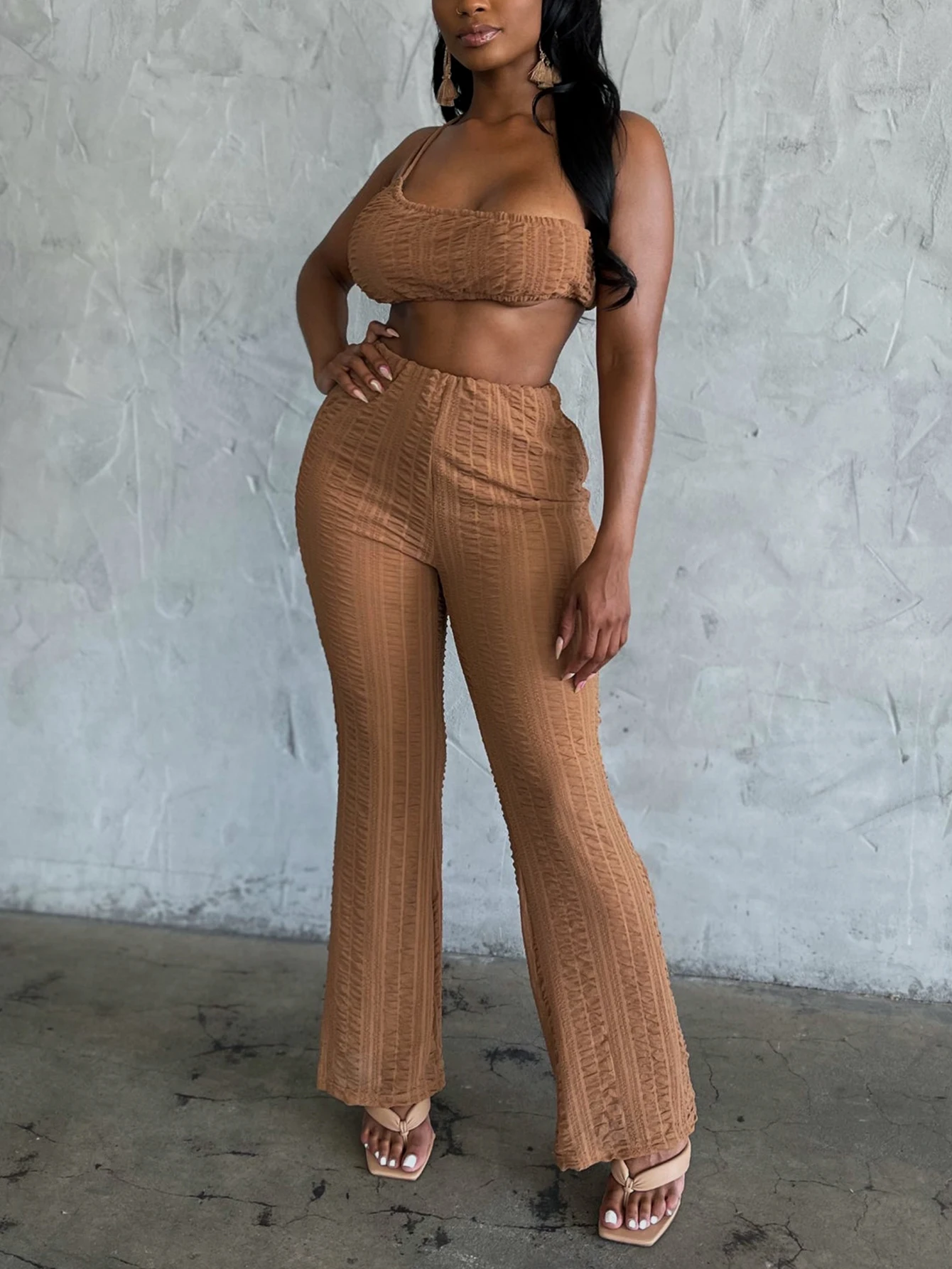 

Women's Summer Two-Piece Set One-Shoulder Crop Top High-Waist Flared Pants Textured Fabric for Party Vacation Street Style