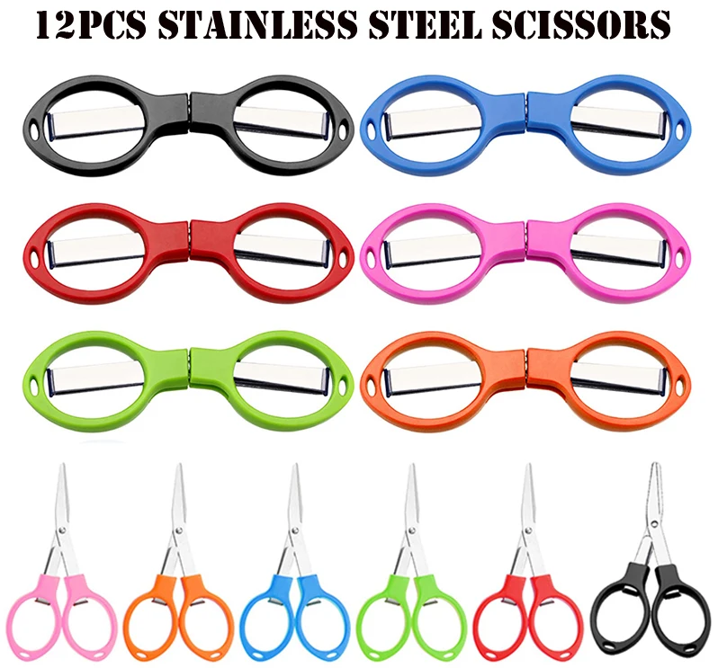 12Pcs Folding Scissors Stretchable Preschool Scissors Stainless Steel Portable Foldable Scissors School Office Home DIY Scissors