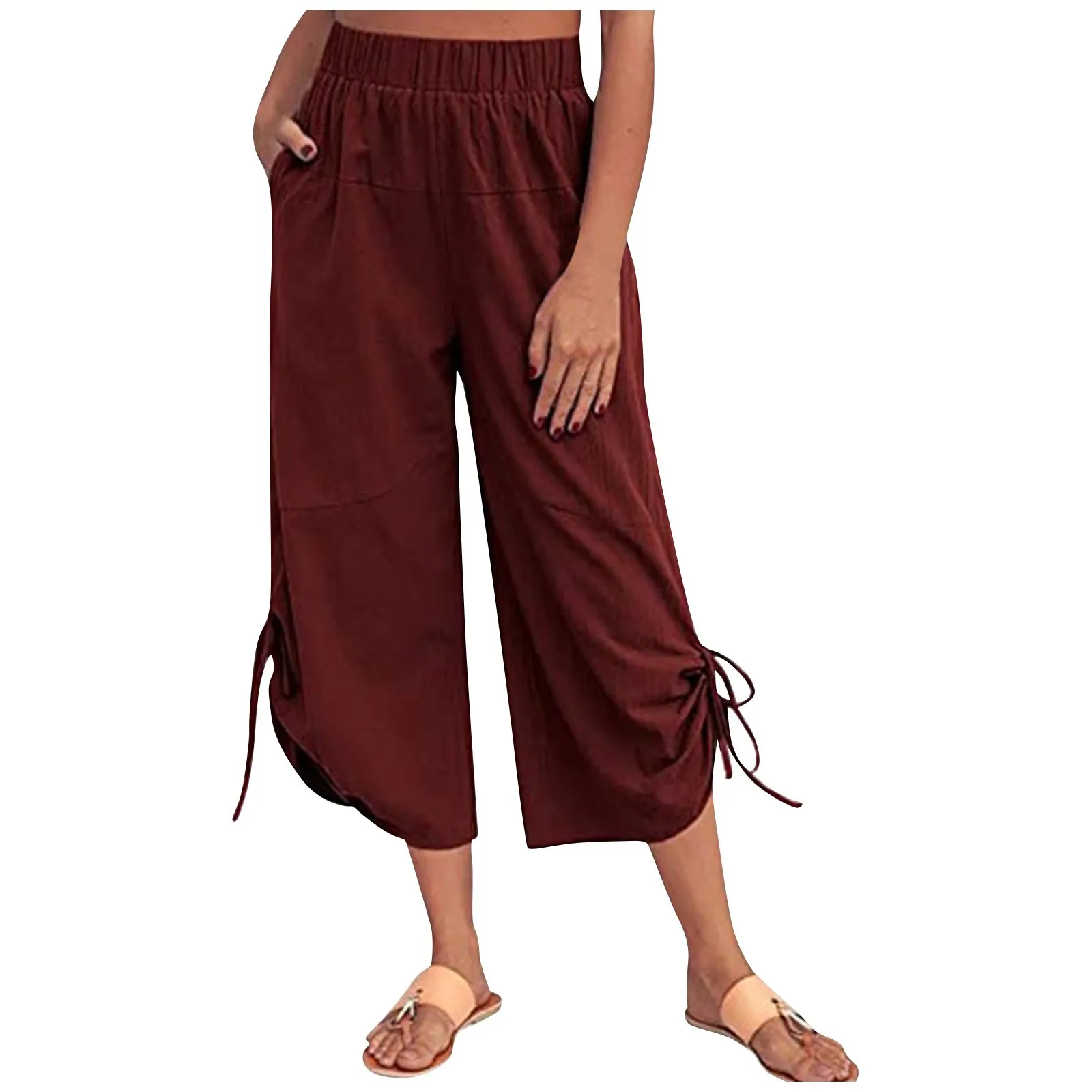 Women'S Capri Pants Causal Loose Solid Color Elastic Waist Capri Pants Drawstring Straight Wide Leg Seventh Pants With Pockets