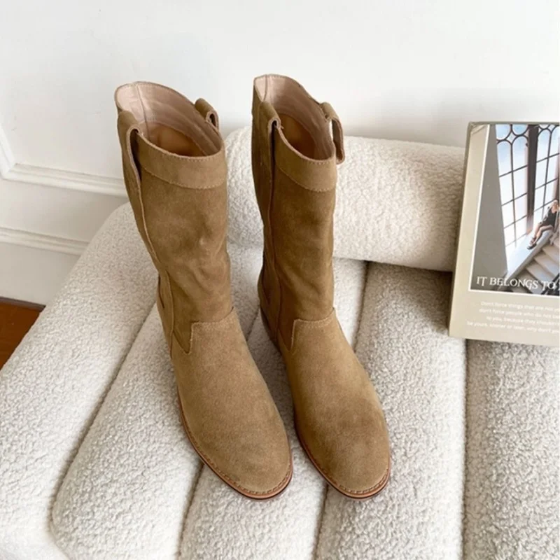 Western Boots Woman Slip On Ladies Shoes Cow Suede Daily Bota Spring Autumn Cowgirls Cool Boots Roundd Toe Winter Botas