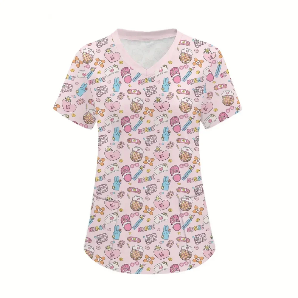 Uniforme médico para mujer, estampado de patrón de dientes, microelástico, Dental, moda médica, cuello en V, manga corta, Tops quirúrgicos para mujer