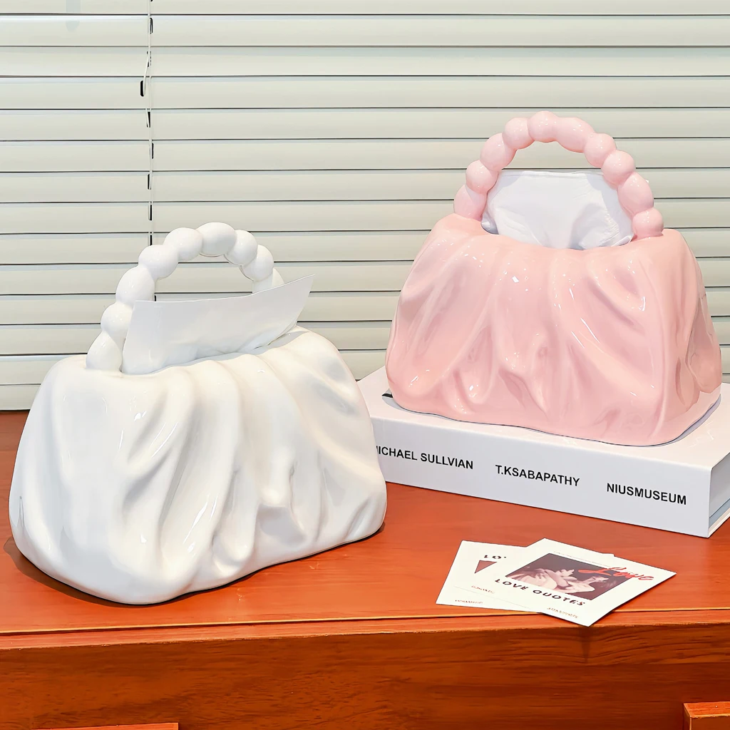 Cute Handbag Modeling Tissue Box Ceramic Creative Wrinkle Bag with Beaded Handle Tissue Box Home Desktop Decoration Storage Box