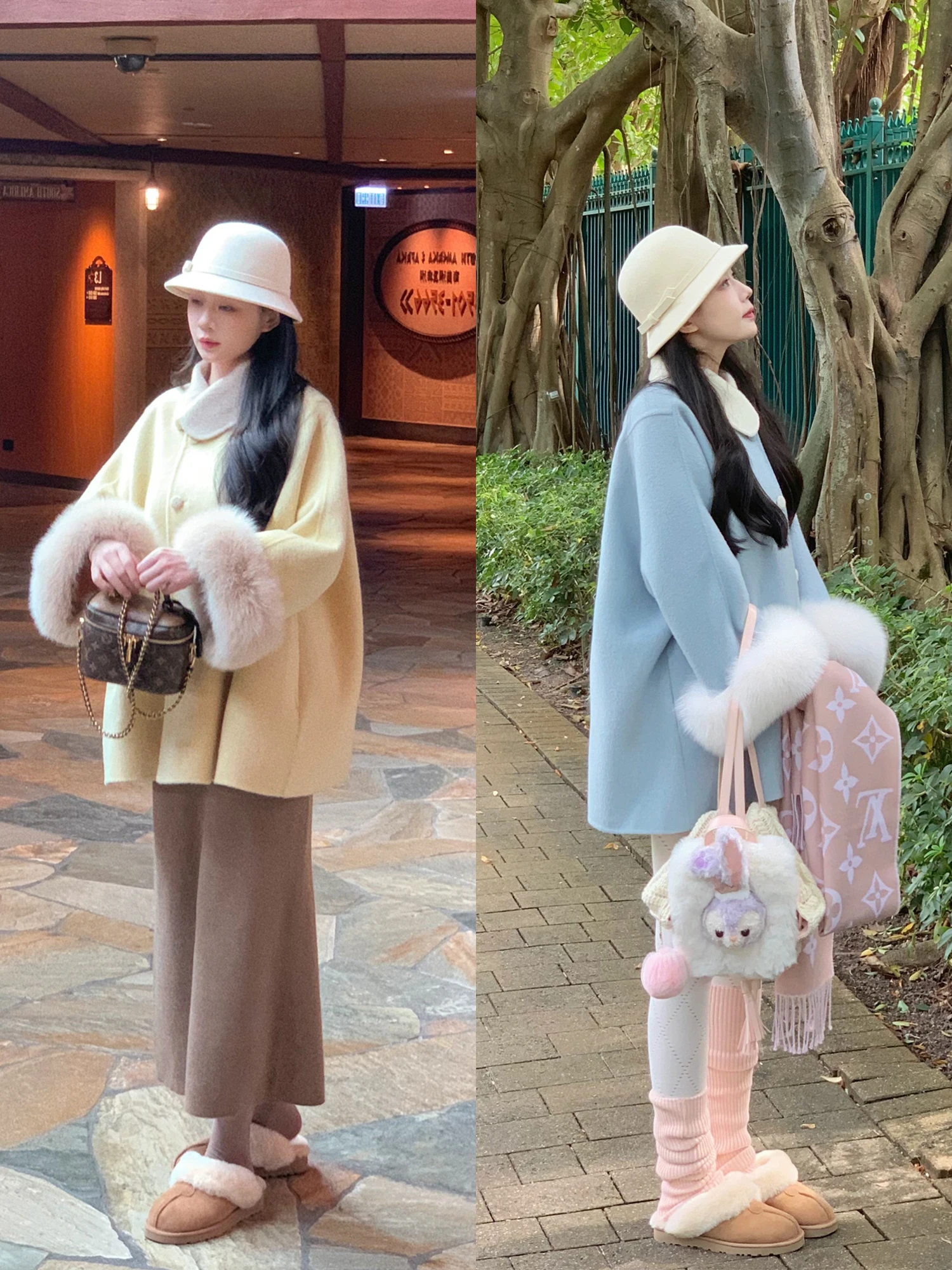 

Handmade Double-Faced Woolen Coat Petal Collar Dual-Tone Color Design Winter Faion Ladies' Premium Quali Outerwear