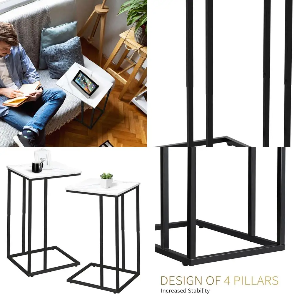 

Pair of C-Shaped Marble Side Tables, Sofa and Bed Side Tables, Under Couch Table, Living Room and Bedroom Snack Tables, White &