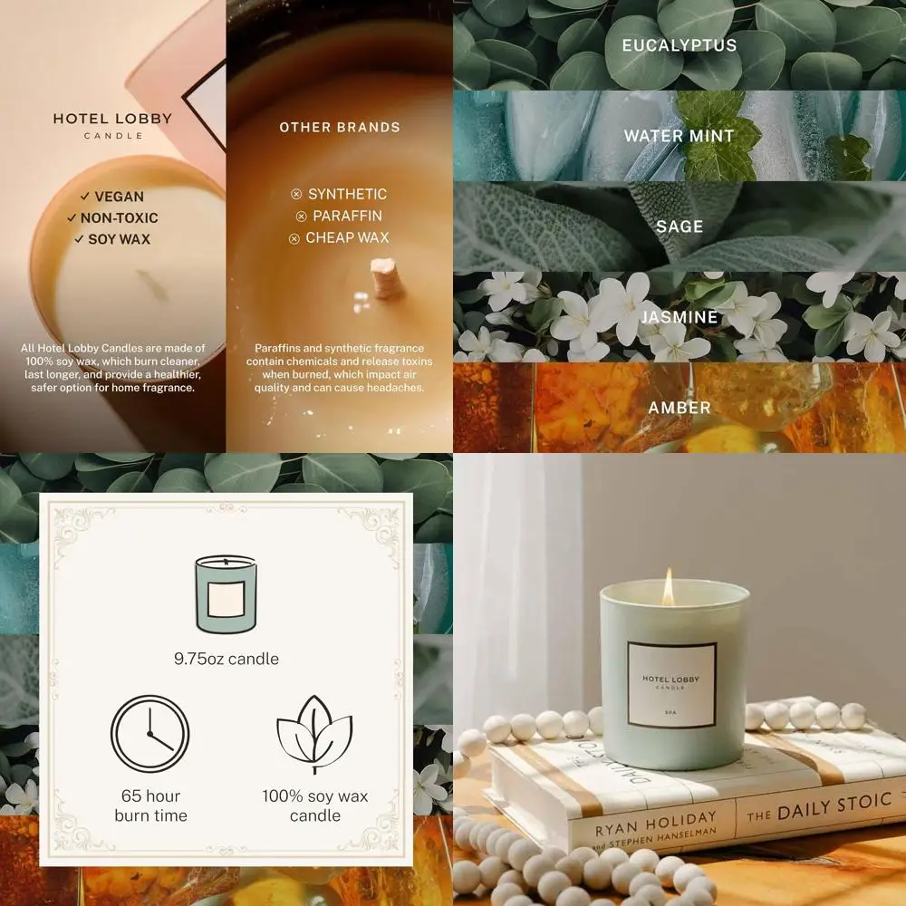 

Spa – Luxury Hand-Poured 9.75oz 100% Soy Wax with Eucalyptus, Water Mint, Sage, Jasmine, and Amber – Paraffin-Free, Infused with