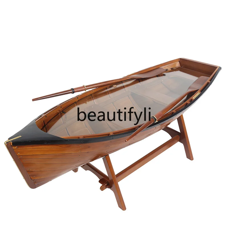 

European antique floor-to-ceiling multi-functional decorative ship glass coffee table solid wood cabinet coffee table simple