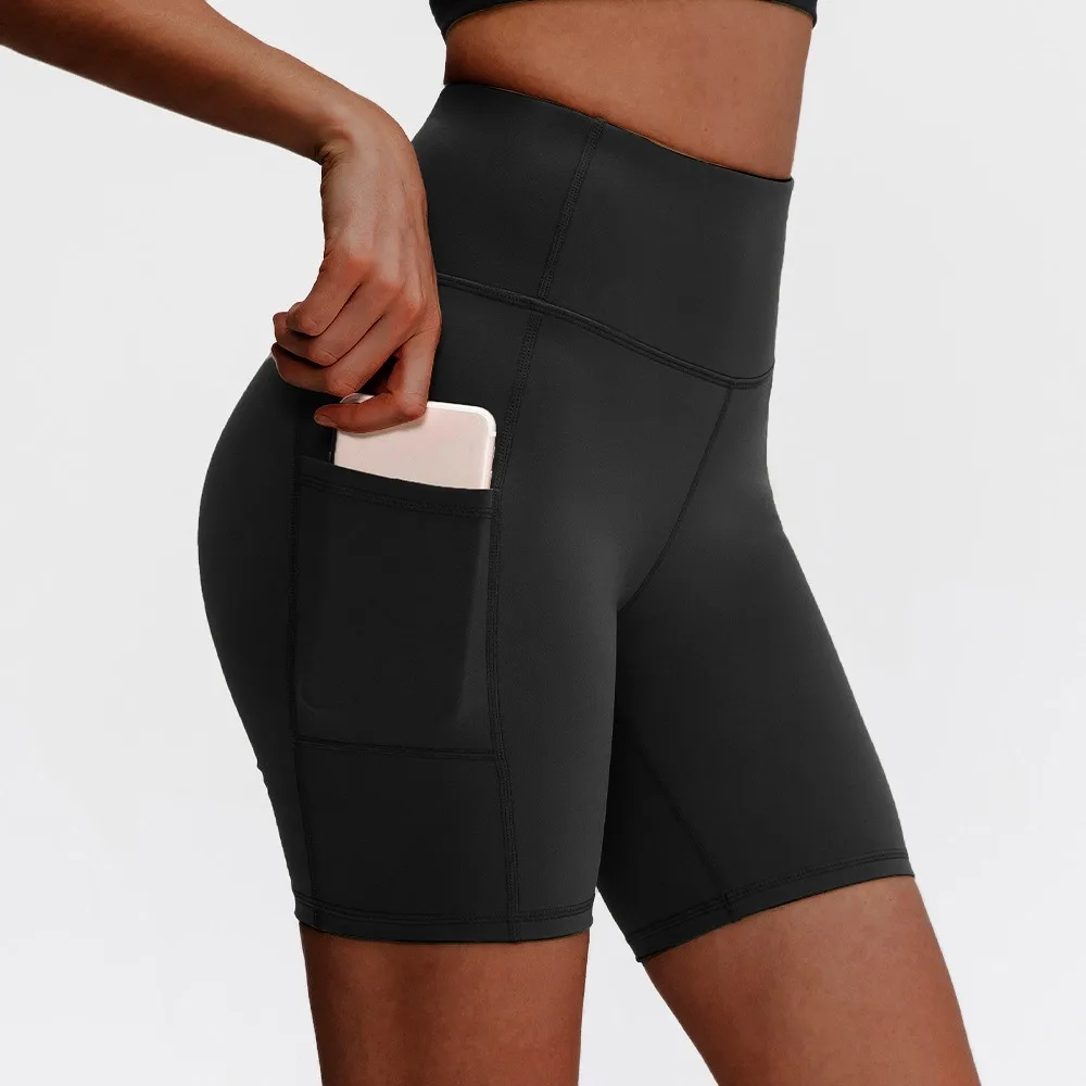 Women High Waist Yoga Shorts With Phone Pocket Tummy Control Butt Lifting Biker Shorts Running Gym Fitness Sports Shorts