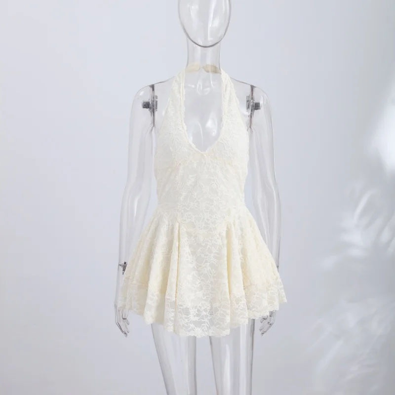 V-Ausschnitt Neckholder Spitzen-Minikleid Damen Mode Tailliertes A-Linien-Kleid Rückenfreies Ärmelloses Kurzes Vestido Sommer Damenkleider – Detail 2