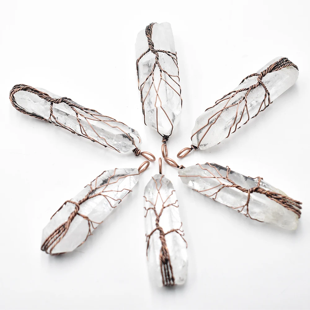 Natural White Crystal Pillar Pendants Handmade Antique Copper Wire Wrapped Tree of Life Wholesale 6Pcs/Lot for Necklace Jewelry