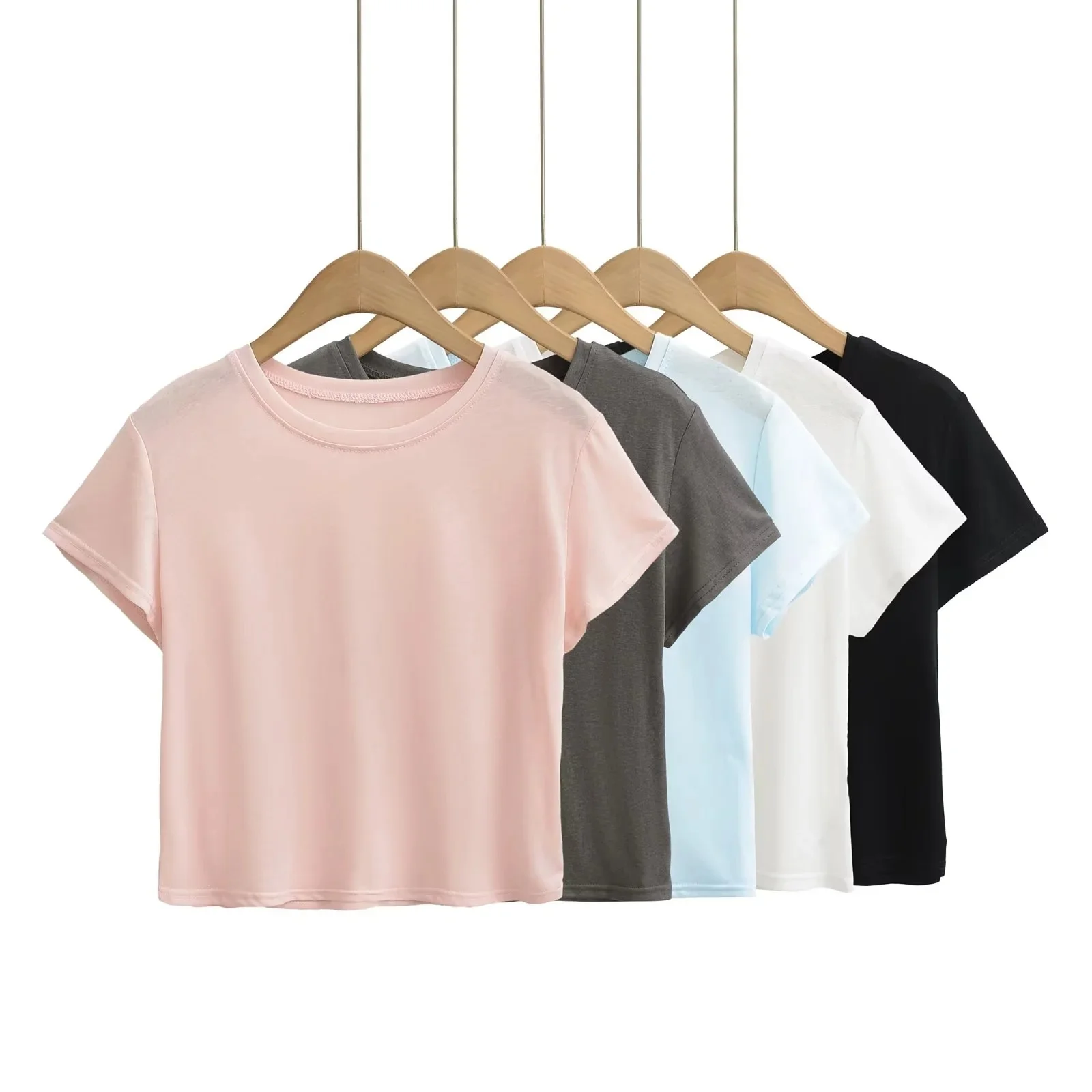 Damska koszulka bazowa Slim Fit z okrągłym dekoltem, oddychająca, wygodna, z wysokim stanem, idealna na lato - nowość.