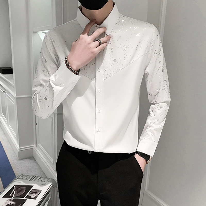 Youthful and Trendy Spring and Autumn Men New Spliced square Collar Button Print Fashion Loose Casual Long-sleeved Shirts