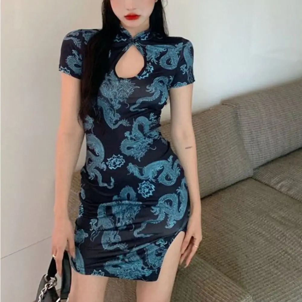 Short Sleeve Dragon Print Cheongsam Retro Forking Vintage Chinese Cheongsam Dress Hollowing Out Slim Women\'s Clothing Party