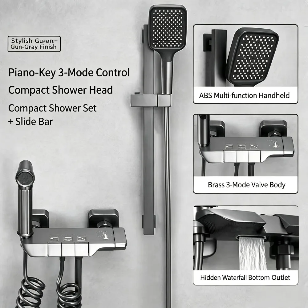 3‑Mode Digital Display Simple Shower Kit, Brass Shower Faucet with , No‑Drill Installation, Gun Gray / Cream White Optional