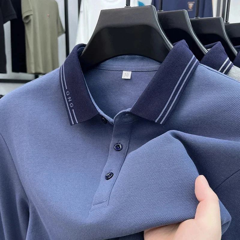 Long-sleeved T-shirt men's lapel polo youth dad wear solid color collar loose POLO