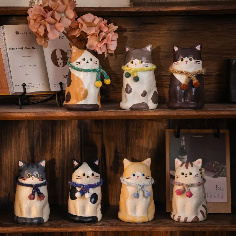 Cartoon Cute Cat Shape Ceramic Vase Ornaments Living Room Dining Table Bedroom Desktop Flower Arrangement Art Vase Birthday Gift