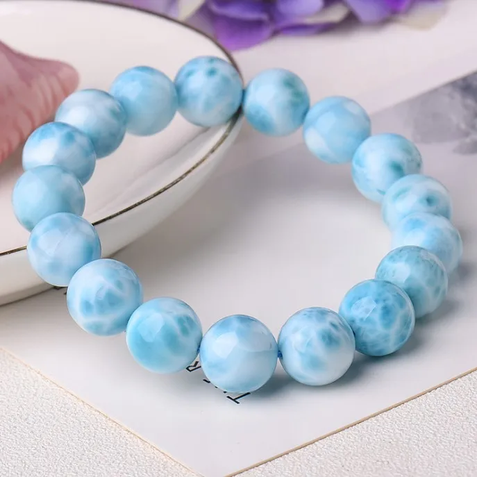 10mm Natural Rare Dominican  Larimar Precious Smooth Round Beads Stretch Bracelets