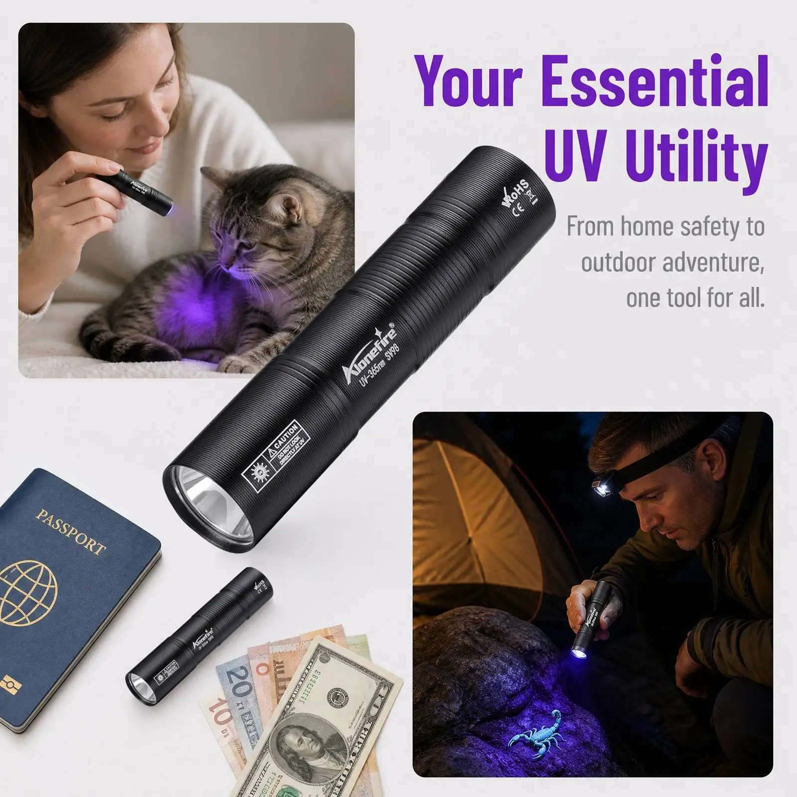 365nm/395nm UV-Taschenlampe USB Wiederaufladbare Mini-Ultraviolett-Nagellampe Taschenlampe zur Erkennung von Tierurin, Katzen-Tinea, Geldscheinen und Markierungen
