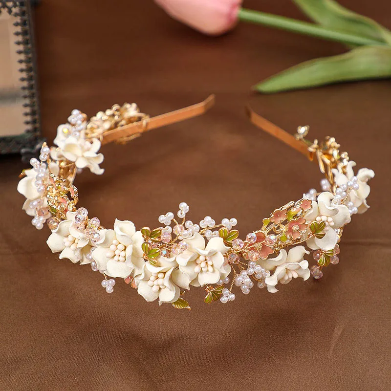 Romantic Handmade Ceramic Flowers lWomen Styling Shooting Wedding Prom Jewelry Rhinestone Pearl Variegated Flowers Hair Bands