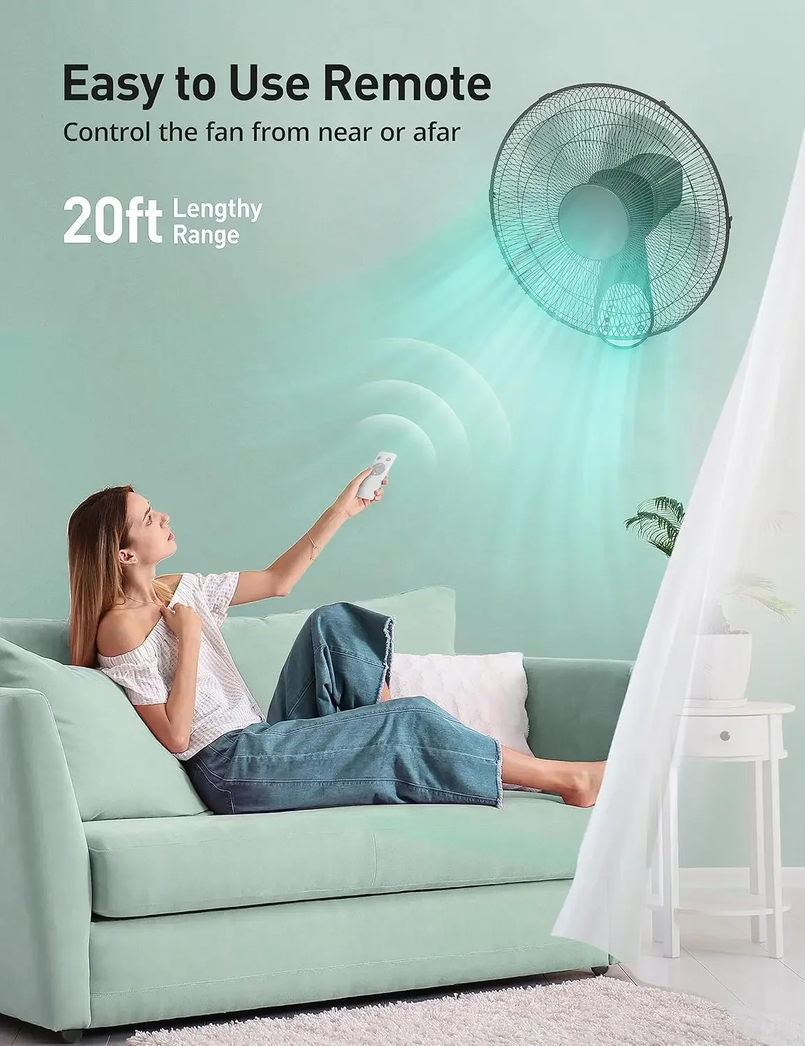 RHÔNE Wall Mount Fan with Remote,16 Inch Wall Fan with 5 Blades, 5 Speeds, 8 Hour Timer, 90° Oscillating Quiet Wall Fan with Rem